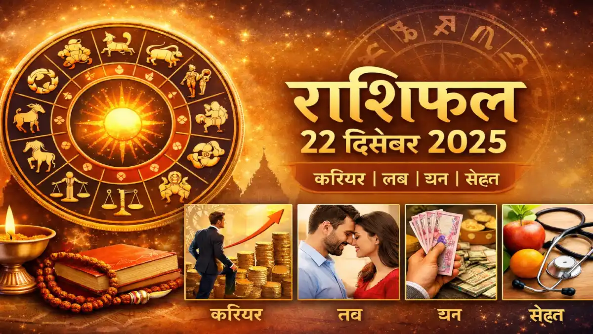 Astrological chart with zodiac symbols, a sun motif, and text detailing horoscope predictions for December 22, 2025, focusing on career, wealth, and health.