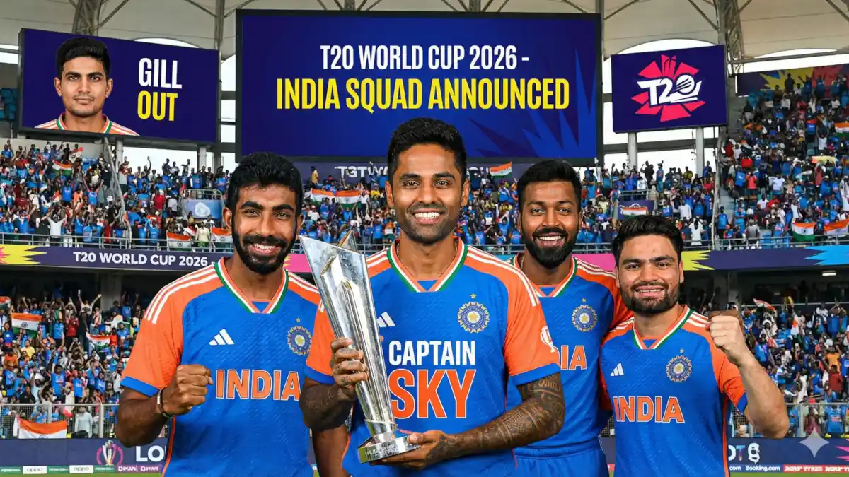 Four Indian cricketers in blue jerseys celebrating with a trophy, with a banner announcing the T20 World Cup 2026 squad in the background.