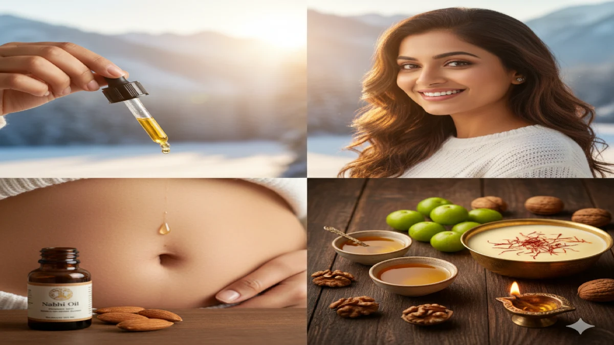 Winter Skin & Hair Care Tips featuring Nabhi oiling and Ayurvedic food.