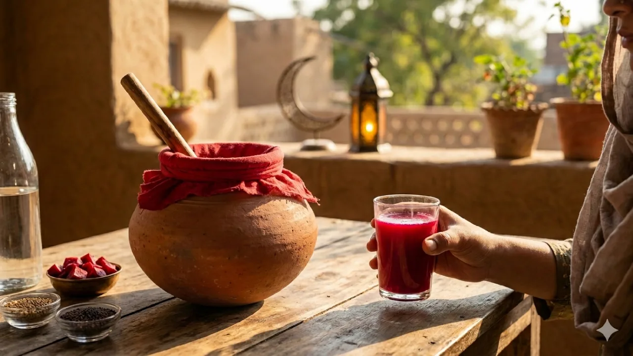 मिट्टी के मटके में बनी Ramadan Special Kanji Recipe और इफ्तार के लिए एक गिलास कांजी।